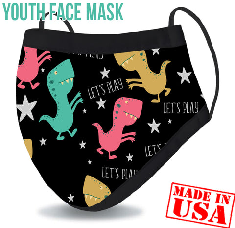 Youth Reusable Washable 3 Layer Protection Face Mask - Dino